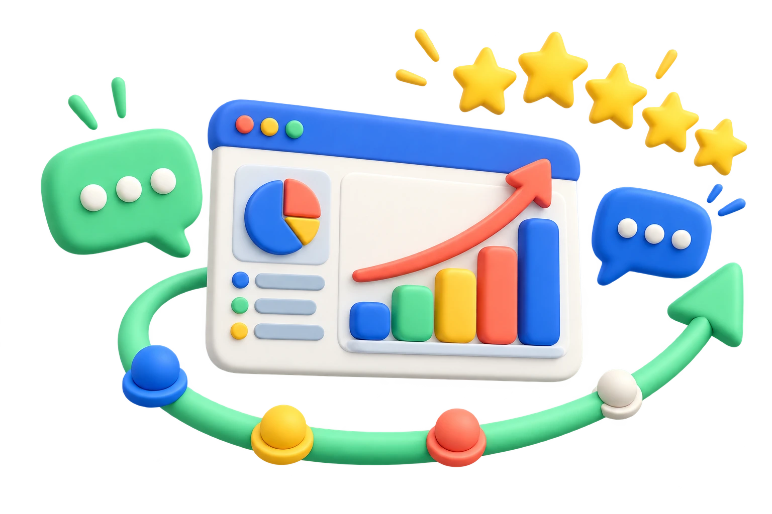 Tactile growth system with a website panel, analytics chart, and upward path