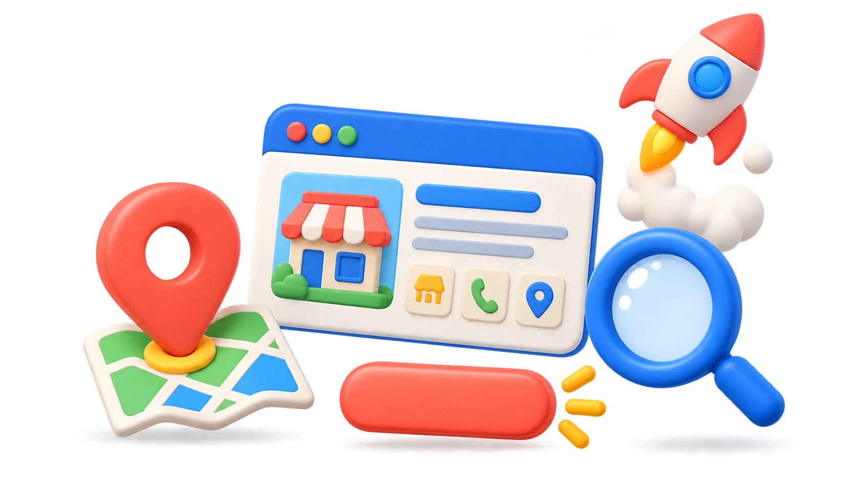 Tactile launch toolkit with a website panel, search lens, and launch markers