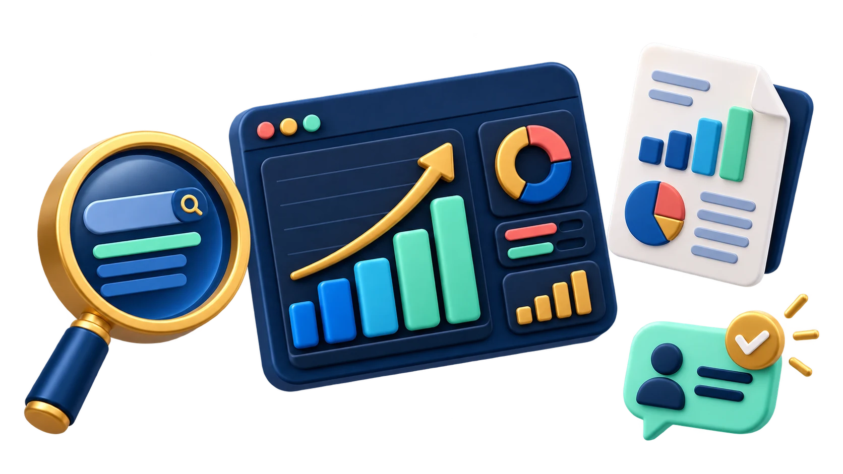 Tactile authority reporting scene with search, analytics, and approved inquiries