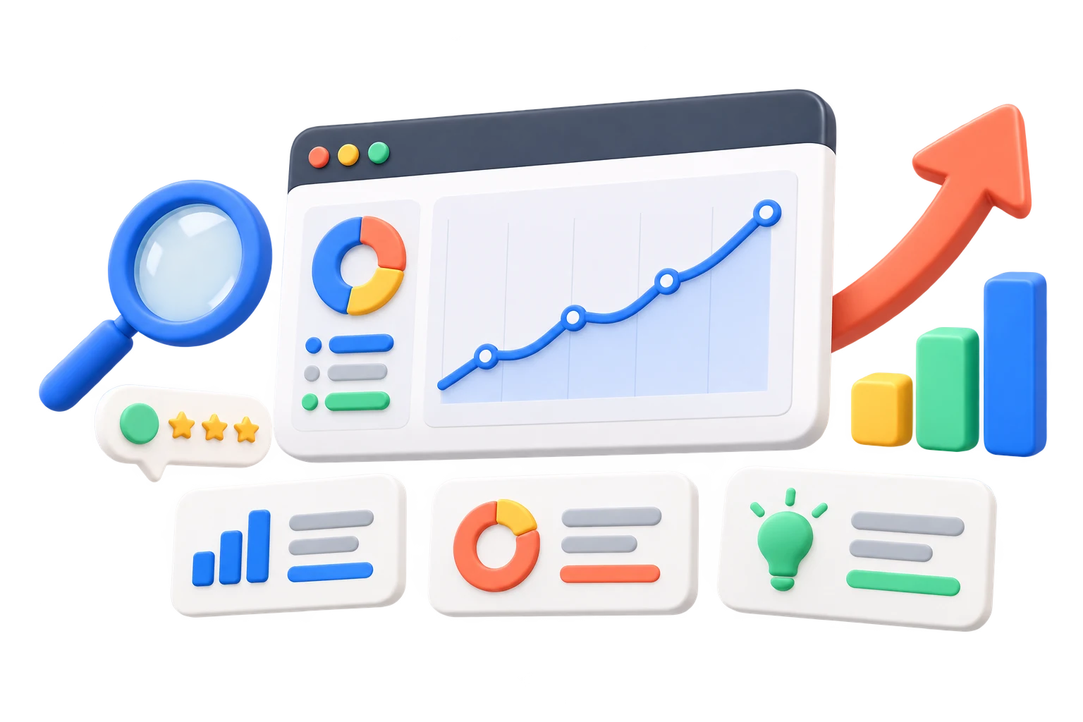 Tactile growth discovery scene with analytics, insights, and a rising chart