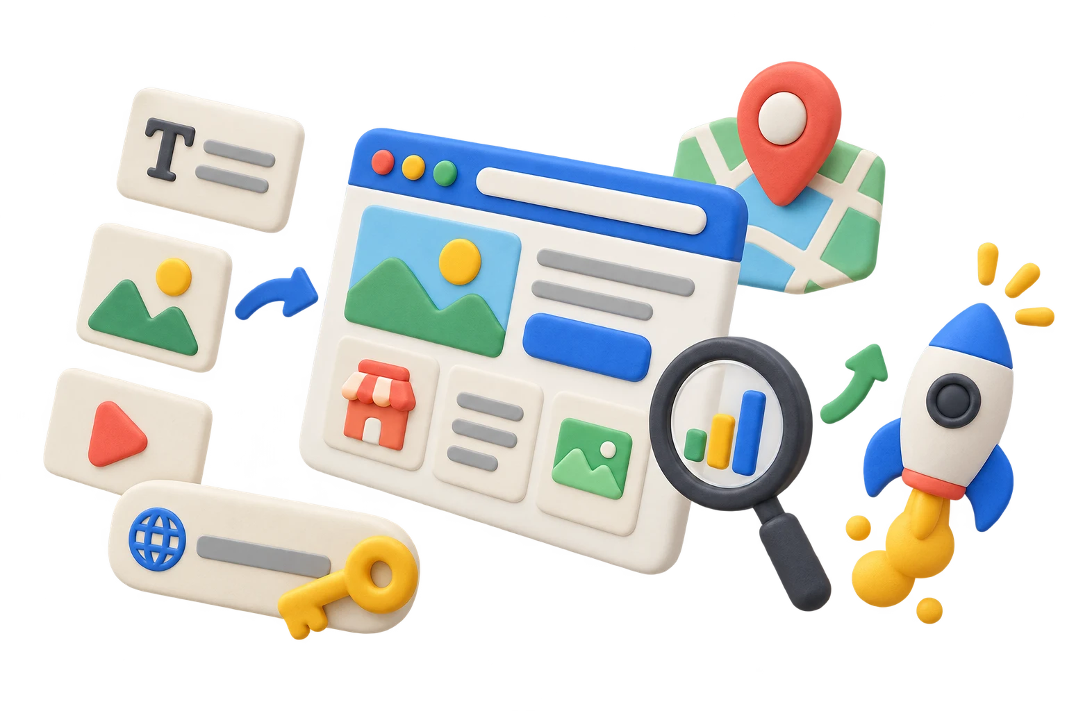 Tactile launch foundation scene with website, search, and setup tools